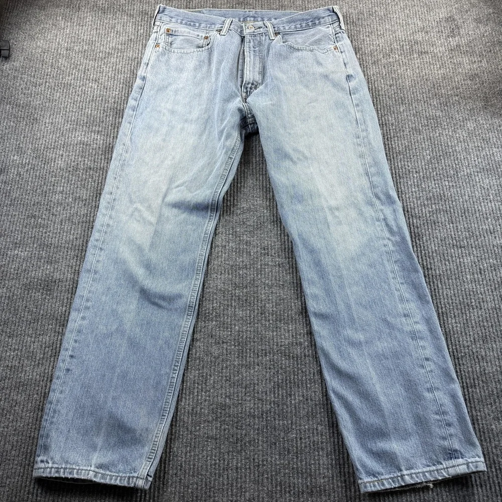 Levis 505 Jeans Mens 34x29 Light Wash Blue Straight Leg Denim Distressed Casual